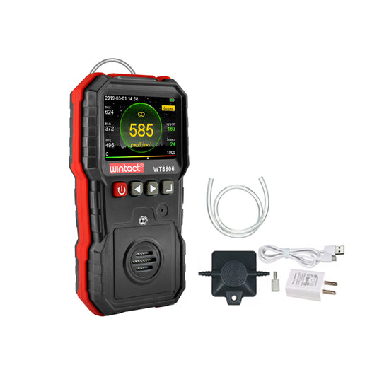 Wintact WT8806 Digital Carbon Monoxide Gas Monitor Meter with Detachable Funnel Plate, Acrylic Siphon Tube, Colored LCD Monitor, and Micro USB Charger / Data Cable
