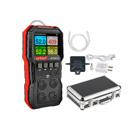Wintact WT8811 Digital Compound Gas Monitor Meter for Carbon Monoxide, Hydrogen Sulfide, Oxygen, and Combustible Flammable Gas with Detachable Funnel Plate, Acrylic Siphon Tube, Colored LCD Monitor, and Micro USB Charger / Data Cable | JG Supe