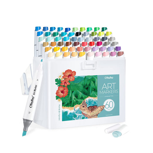 Ohuhu Kaala Series Alcohol Based 60 Landscape Tone Colors Plus Colorless Blender Dual Tipped Brush Markers for Coloring and Illustration for Kids and Adults (Slim Chisel and Fine) | Y30-80402-38