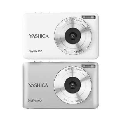 YASHICA DigiPix 100 Compact Digital Camera Point and Shoot 44 Megapixel F/3.2 35mm with 1080p Video, 16x Digital Zoom, 700mAh Li-ion Battery, Max 64GB TF / MicroSD Card Support,  2.4" IPS Screen Display for Photography | Silver, White