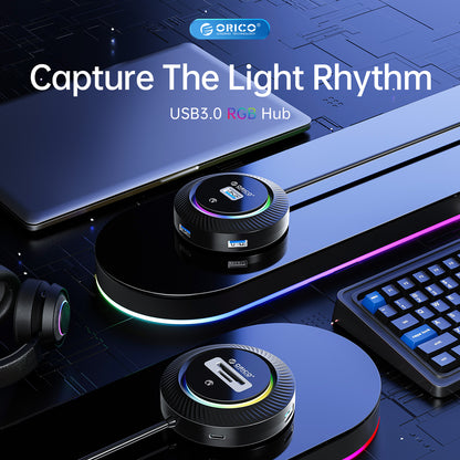 [CLEARANCE] ORICO 1.8 Meter 4 Port USB-A RGB Hub with 5Gbps USB A 3.0 and Audio AUX 3.5mm Jack Port for Windows, Mac OS, Linux | YKR4-U3 - Black