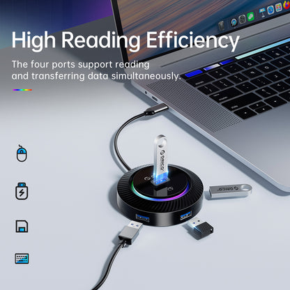 [CLEARANCE] ORICO 1.8 Meter 4 Port USB-A RGB Hub with 5Gbps USB A 3.0 and Audio AUX 3.5mm Jack Port for Windows, Mac OS, Linux | YKR4-U3 - Black