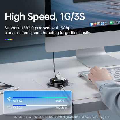 [CLEARANCE] ORICO 1.8 Meter 4 Port USB-A RGB Hub with 5Gbps USB A 3.0 and Audio AUX 3.5mm Jack Port for Windows, Mac OS, Linux | YKR4-U3 - Black