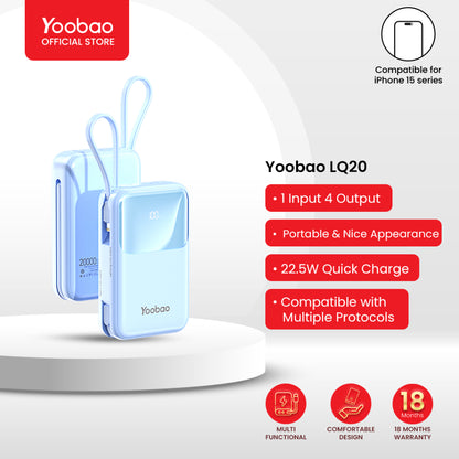 Yoobao LQ20 20000mAh 22.5W Fast Charge Digital Display Power Bank with Built-In Type C & Lightning Charging Cable, USB-A & USB-C PD Port for Phone, Tablet, Camera, iPhone, Android Smartphone, etc. - Black / Purple / Blue | Powerbank