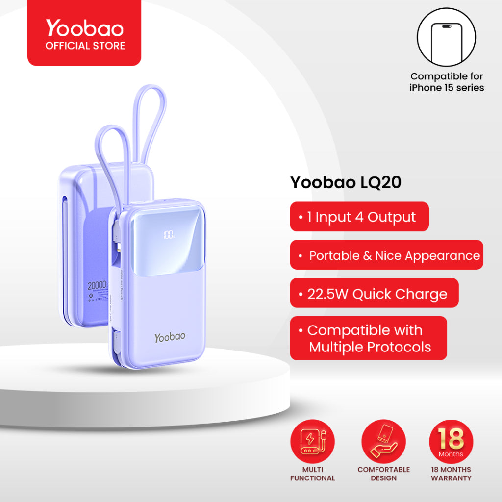 Yoobao LQ20 20000mAh 22.5W Fast Charge Digital Display Power Bank with Built-In Type C & Lightning Charging Cable, USB-A & USB-C PD Port for Phone, Tablet, Camera, iPhone, Android Smartphone, etc. - Black / Purple / Blue | Powerbank