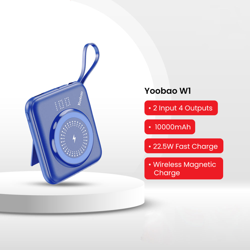 Yoobao W1 10000mAh 22.5W+PD20W Power Bank Built-In Magnetic Fast Charging with USB Type C/ Lightning/ Micro Cable, LED Display and Stand Function for Phone, Tablet, Camera, iPhone, Android Smartphone - Blue, Green | Powerbank