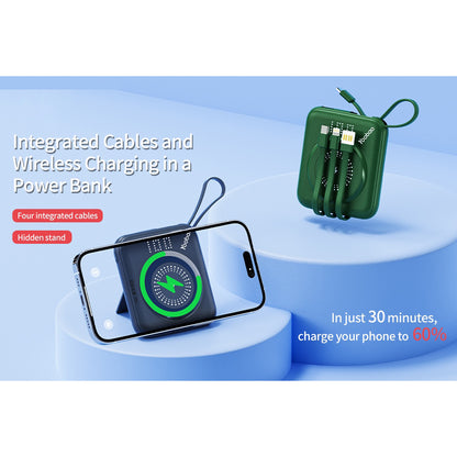 Yoobao W1 10000mAh 22.5W+PD20W Power Bank Built-In Magnetic Fast Charging with USB Type C/ Lightning/ Micro Cable, LED Display and Stand Function for Phone, Tablet, Camera, iPhone, Android Smartphone - Blue, Green | Powerbank