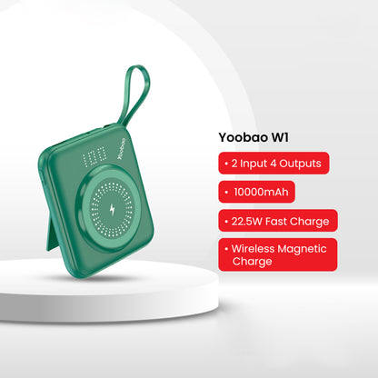 Yoobao W1 10000mAh 22.5W+PD20W Power Bank Built-In Magnetic Fast Charging with USB Type C/ Lightning/ Micro Cable, LED Display and Stand Function for Phone, Tablet, Camera, iPhone, Android Smartphone - Blue, Green | Powerbank