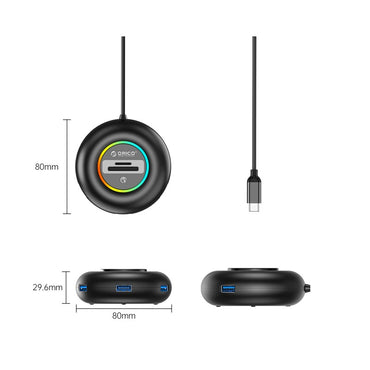 [CLEARANCE] ORICO YXR5-C3 (0.3m) RGB 4-Port USB 3.0 Type C Desktop Hub Card Reader 10W with 5Gbps Transmission Rate, 5Gbps USB-A 3.0 Output, SD / TF Memory Card Slot for Windows 8/10, macOS, Linux, PC, Laptop, Desktop Computer