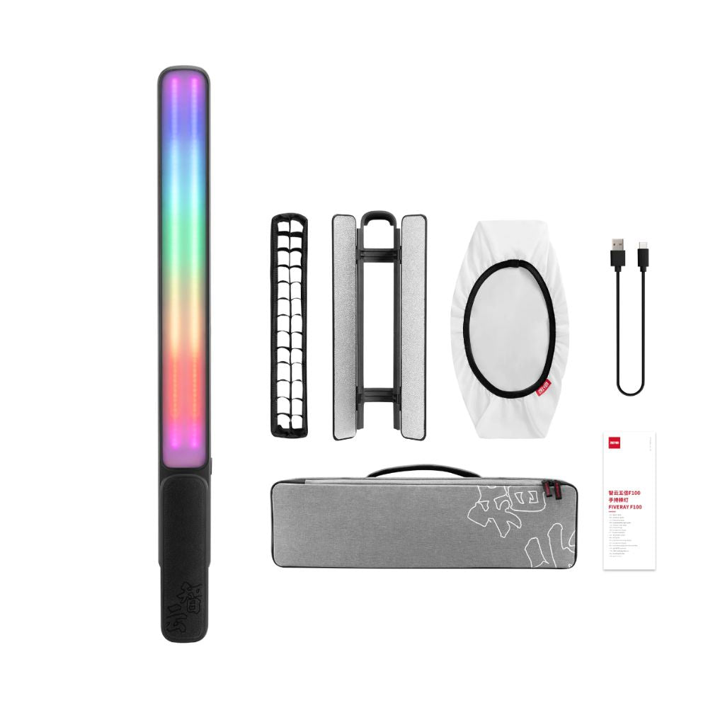 Zhiyun Fiveray F100 100W RGB LED 19.8" Tube Light Wand with Up to 20708 Peak Lumens, 2700-6000K Adjustable Color Temperature,  2600mAh Built-in Battery, Creative Lighting Effects, USB-C PD Fast Charging for Camera Photography & Videography