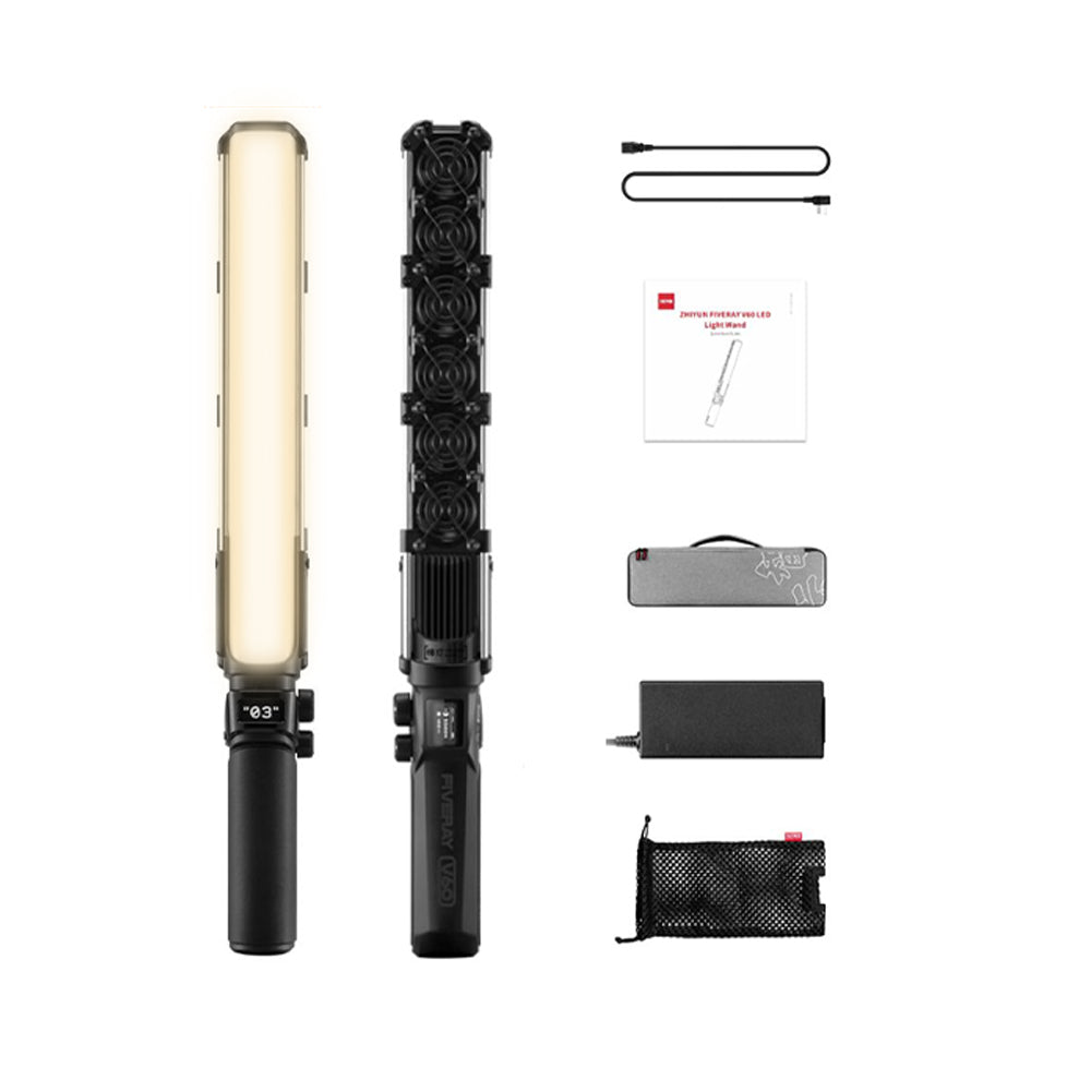 Zhiyun Fiveray V60 100W Bi-Color LED Tube Light Wand with 2 Leaf Barn Doors, Light Grid, Diffuser, 2600mAh Built-in Battery, 2700-6200K Adjustable Temperature, Creative Lighting Effects, Intuitive Display Screen, USB-C PD Fast Charging
