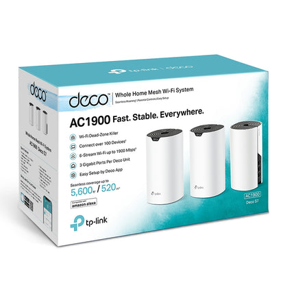 TP-Link Deco S7 AC1900 (3-Pack) Whole Home Mesh Dual Band Wi-Fi System with 1300Mbps at 5GHz, 600Mbps at 2.4GHz, Covers Up to 3,900 sq.ft., Connects over 100 Devices, 3x Gigabit Ports, Router/AP Mode, MU-MIMO, Beamforming, IPv6, Alexa Supported