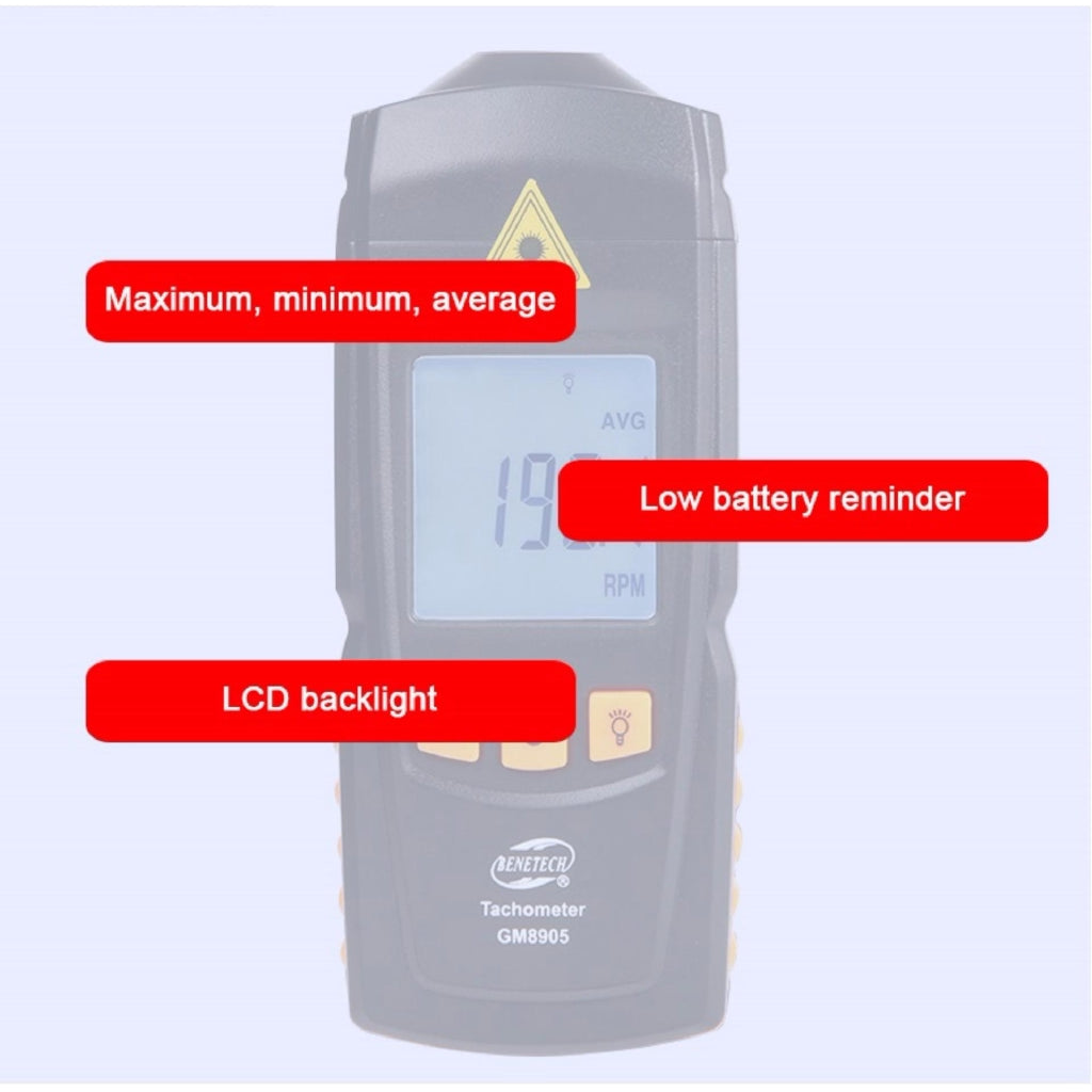 Benetech GM8905 Digital LCD Tachometer Non-Contact RPM Tach Test Meter Motor Speed Gauge Tester