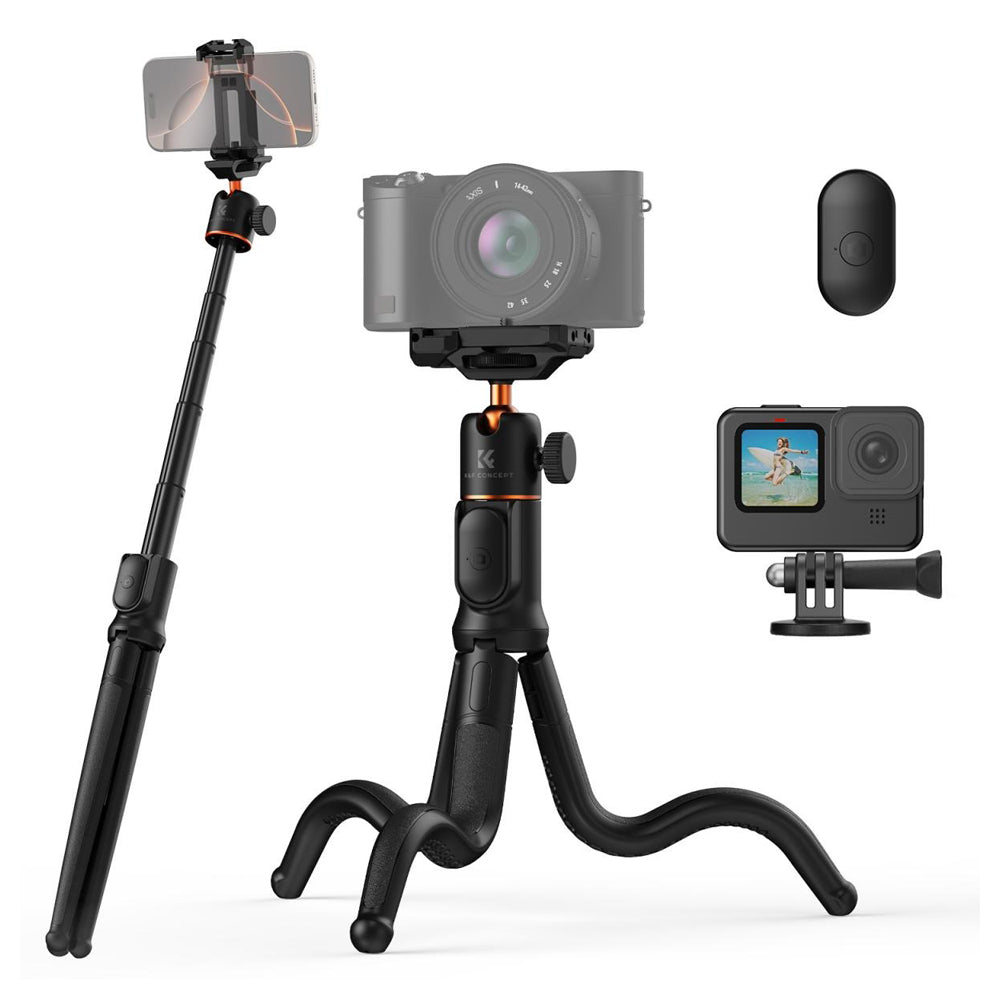 K&F Concept MS29 Extendable Flexible Tripod + Remote with 10m Wireless Range, Max 23.6" Height, 2kg Max Load Capacity, 360° Pan / 90° Tilt Ball Head with 2 in 1 Phone Clip for Smartphones, Action Cameras and Mirrorless Camera