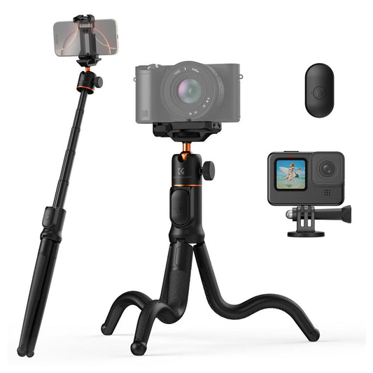 K&F Concept MS29 Extendable Flexible Tripod + Remote with 10m Wireless Range, Max 23.6" Height, 2kg Max Load Capacity, 360° Pan / 90° Tilt Ball Head with 2 in 1 Phone Clip for Smartphones, Action Cameras and Mirrorless Camera