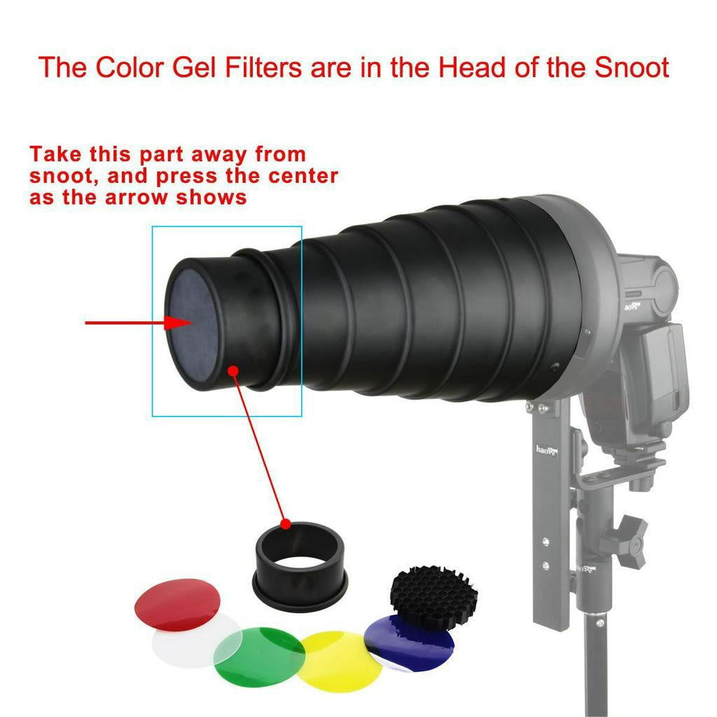 Pxel ST-7B Metal Conical Snoot with Honeycomb Grid and Gel Filter Kit for Bowens Mount Studio Strobe Monolight Photography Flash 7 Ribs