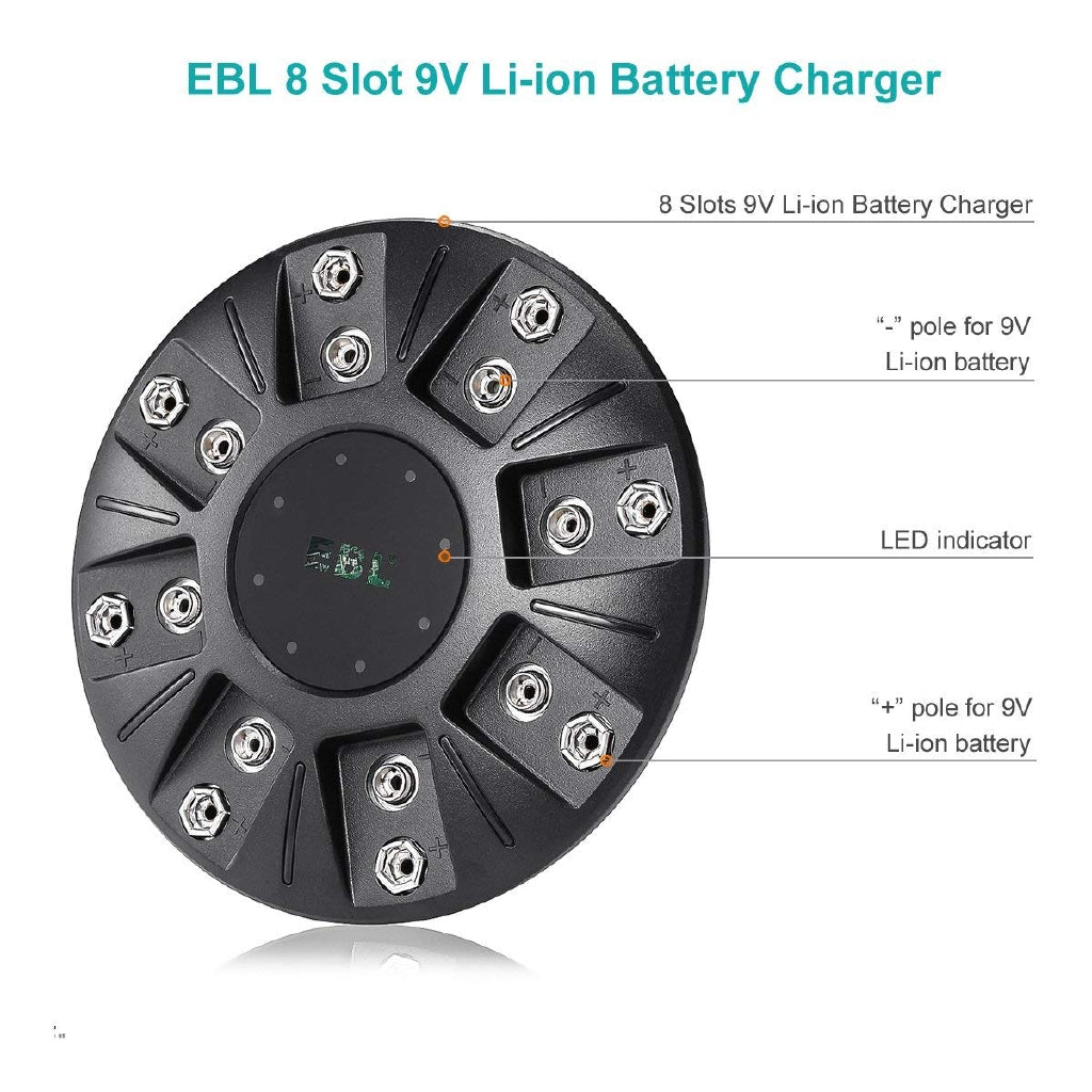 [CLEARANCE] EBL LN-6498 8 Bay Smart Individual Charger with Integrated Over-Charger Over-Current and Over-Voltage Protection, Built-In LED Charge Status Indicator Lights for 9V 6F22 600mAh Li-ion Lithium-ion Rechargeable Batteries