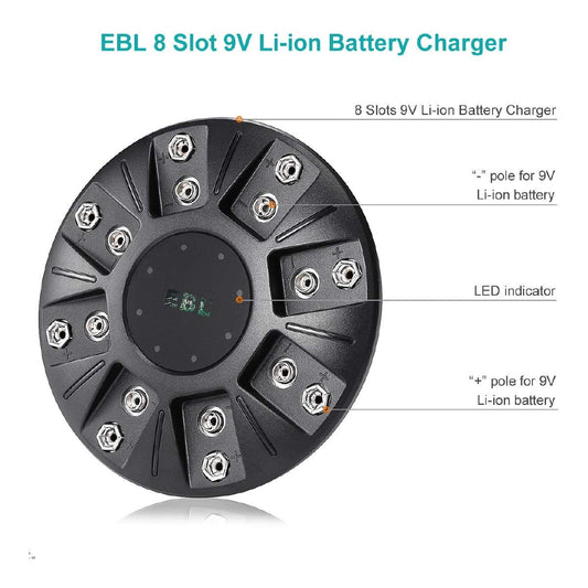 [CLEARANCE] EBL LN-6498 8 Bay Smart Individual Charger with Integrated Over-Charger Over-Current and Over-Voltage Protection, Built-In LED Charge Status Indicator Lights for 9V 6F22 600mAh Li-ion Lithium-ion Rechargeable Batteries