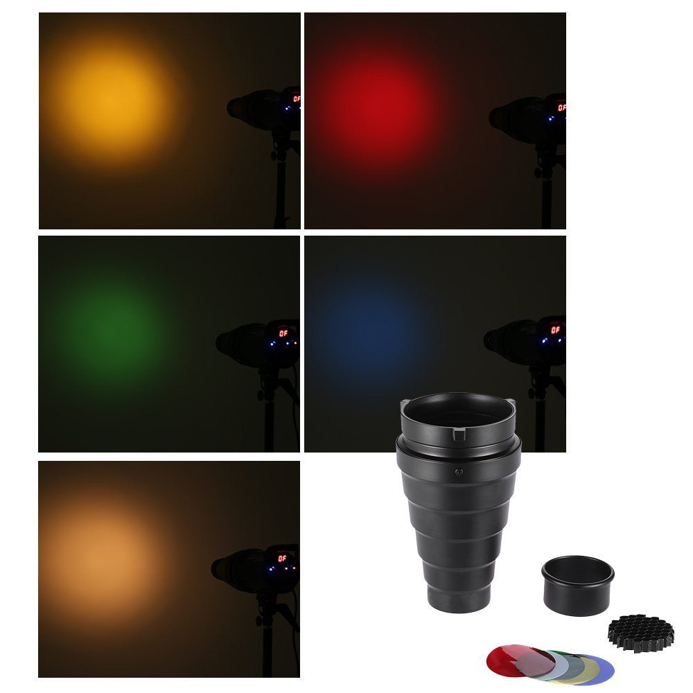 Pxel ST-6BL Metal Conical Snoot with Honeycomb Grid and Gel Filter Kit for Bowens Mount Studio Strobe Monolight Photography Flash