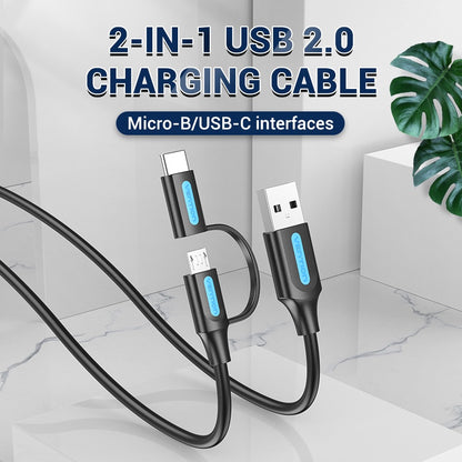 [CLEARANCE] Vention 2-in-1 USB 2.0 to Micro USB and USB Type-C Charging and Data Cable with Interchangeable Plugs for PC, Mac, and Android Phones and Tablets (0.5 M) | CQDBD