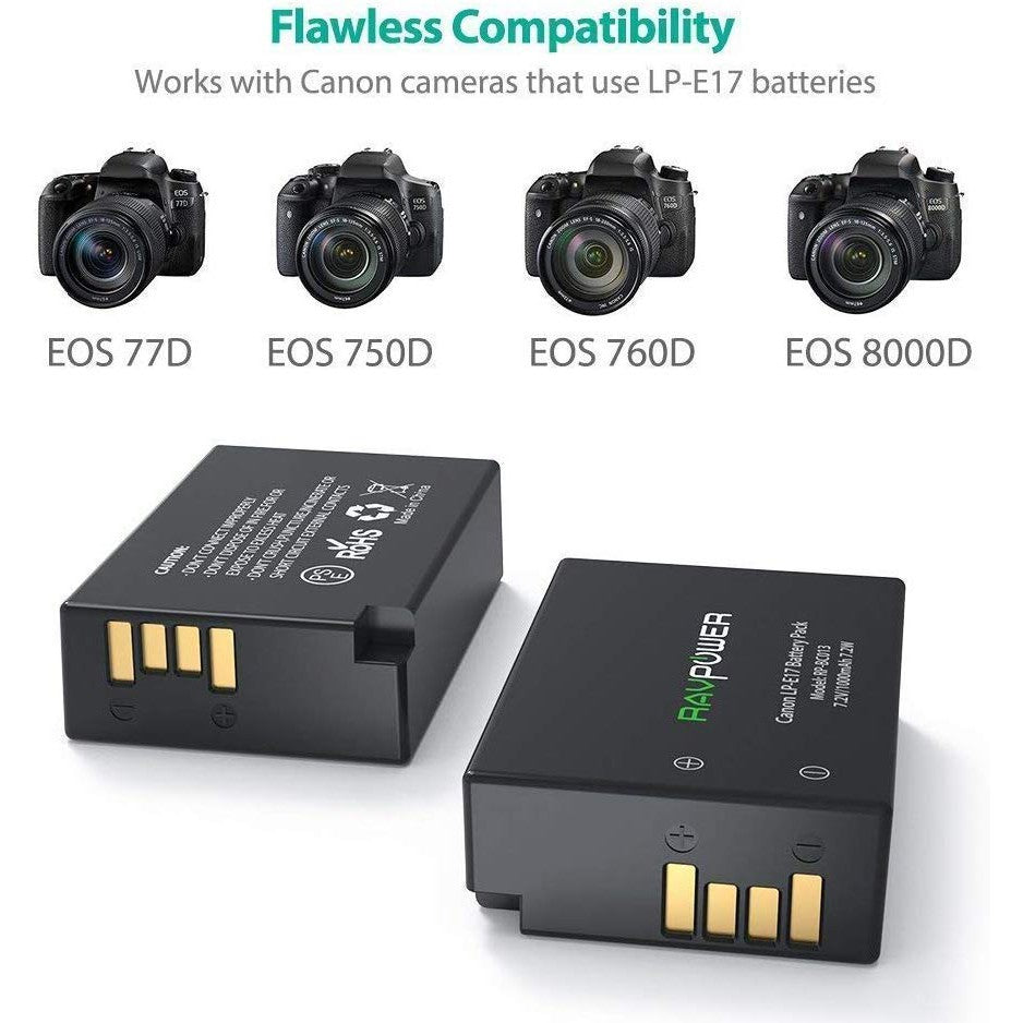 RAVPower LP-E17 Battery Charger and 2-Pack Rechargeable Li-ion Batteries for Canon EOS 77D, Rebel T6i, Rebel T7i, 750D,760D, 800D, 200D, 8000D, M3, M5, M6, Rebel T6s, Kiss X8i, Rebel SL2 (7.2V, 1000mAh) E17