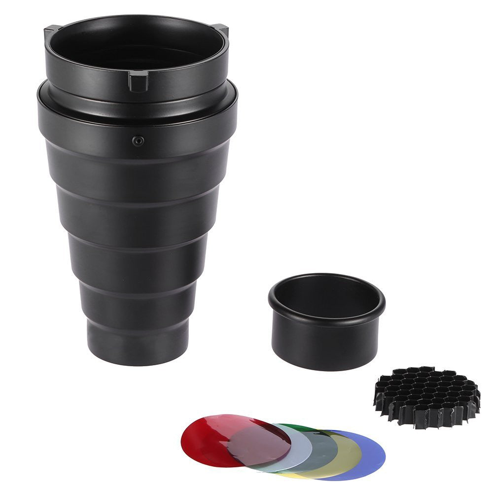 Pxel ST-6BL Metal Conical Snoot with Honeycomb Grid and Gel Filter Kit for Bowens Mount Studio Strobe Monolight Photography Flash