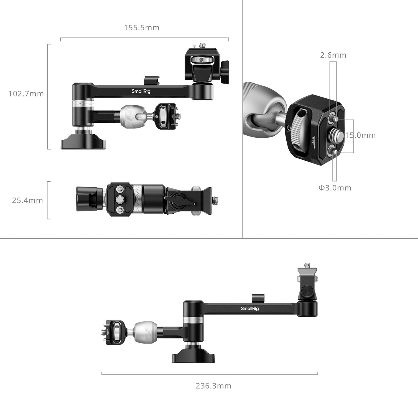 SmallRig 1/4"-20 Universal Magic Arm Support with Rubber Pads, 360° Rotation / 160° Tilt, Cable Organizer for Monopod Tripod and Camera Cage Accessories | 5141