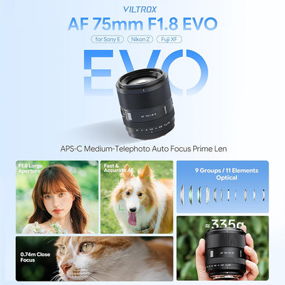 Viltrox AF 75mm F1.8 EVO APS-C Portrait Prime Lens for Fujifilm X / Nikon Z Mount with STM AF