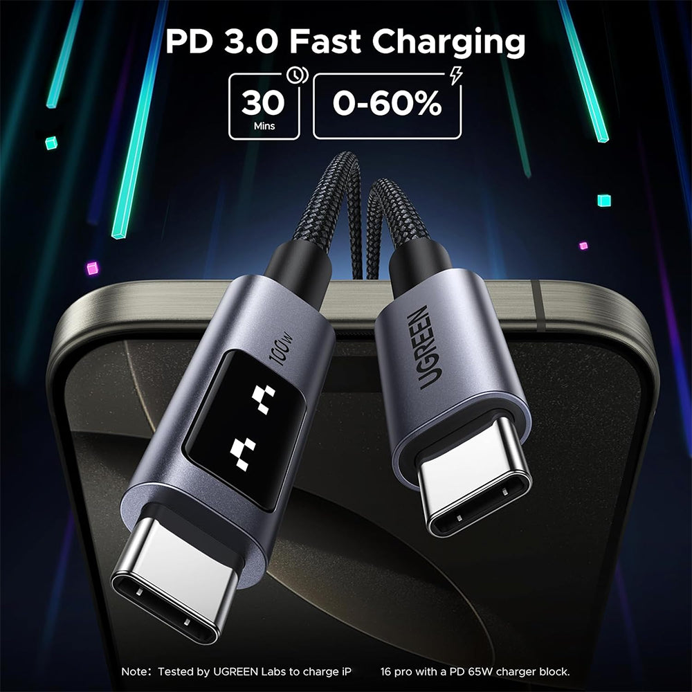 UGREEN UNO 0.5 Meter USB-C to USB-C 100W PD Fast Charging Cable with LED Emoji Display, 480Mbps Data Sync, E-Marker Smart Chip, Braided USB-C Male Cable for Laptop, Tablet, Smartphone and Gaming Devices | L509 (45612) | JG Superstore