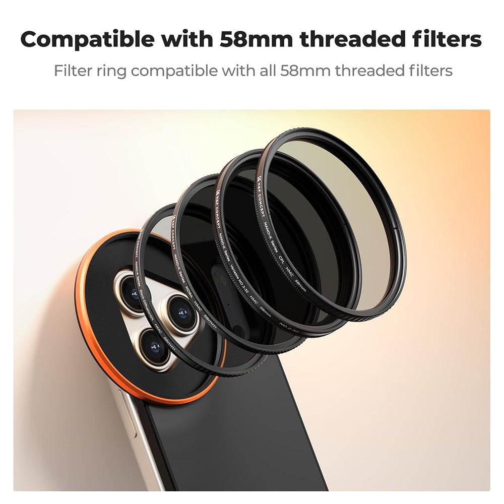 K&F Concept iP 17 Pro / Pro Max Double-Sided Magnetic Lens Filter Mount Adapter w/ 58mm ND 2-32 VN / CPL Filter