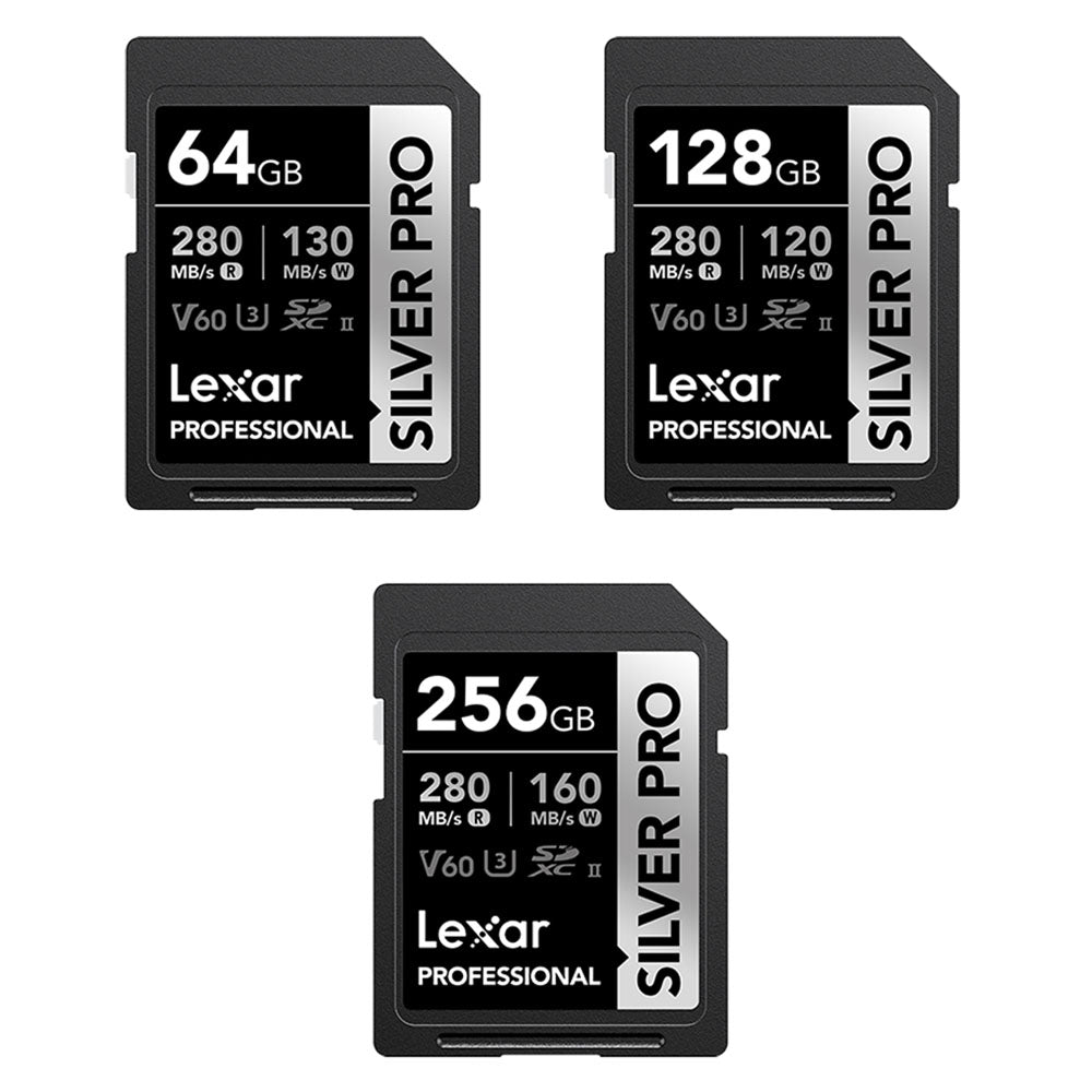 Lexar Professional 256GB 128GB 64GB Silver Pro SDXC UHS-II Memory Card V60 Class 10 U3 with Max 280MB/s Read Speed for Videography and Photography