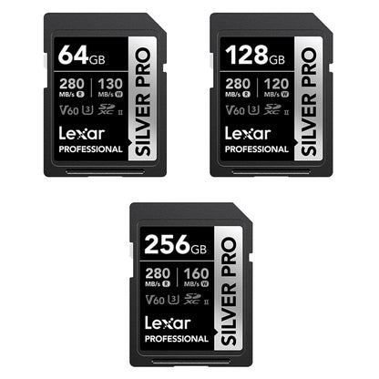 Lexar Professiol 256GB 128GB 64GB Silver Pro SDXC UHS-II Memory Card V60 Class 10 U3 with Max 280MB/s Read Speed for Videography and Photography