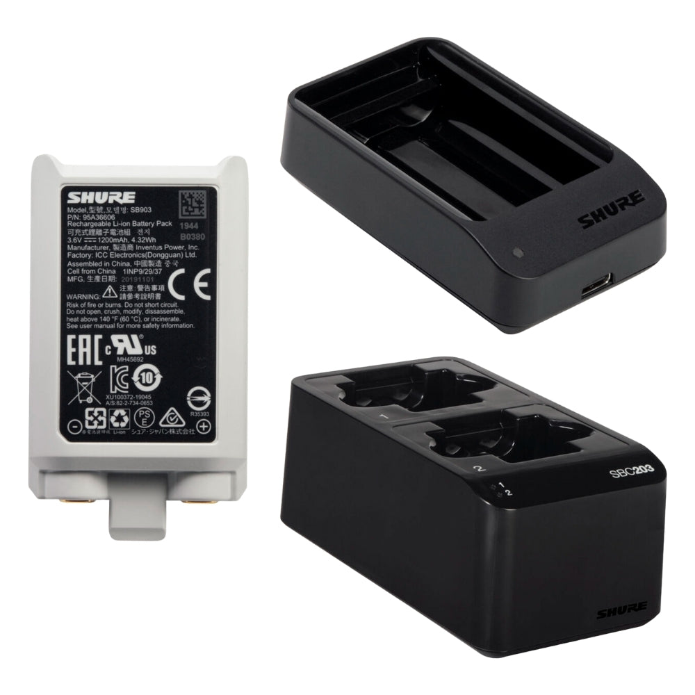 Shure SB903 1200mAh Rechargeable Battery + SBC10‑903 Single‑Bay / SBC203 Dual‑Bay Charger Station