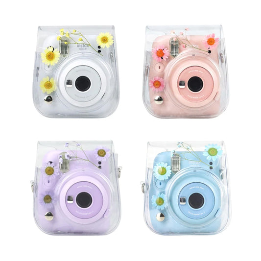 Pikxi Dried Daisy Flowers Clear Case with Sling Bag Type Strap for FUJIFILM Instax Mini 12 Instant Film Camera - Yellow, Pink, Blue, Purple