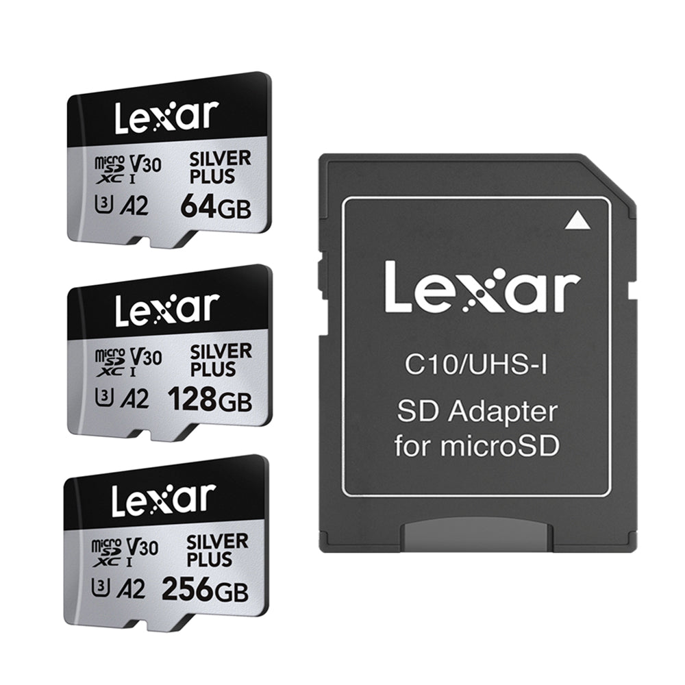 Lexar Professional 256GB 128GB 64GB Silver Plus MicroSDXC UHS-I A2 V30 U3 Class 10 Micro SD Card with 4K UHD Video Record, Max 205MB/s Read Speeds and MicroSD Card Adapter for Cameras and Android Devices