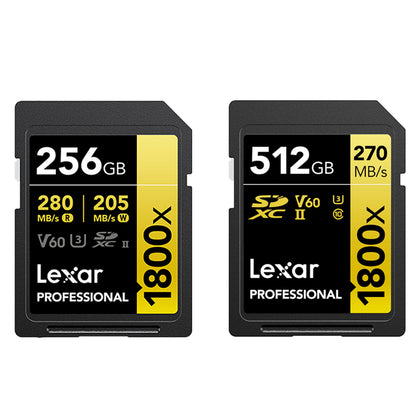 Lexar Professiol 512GB 256GB 1800x Gold Series SDXC UHS-II V60 U3 Class 10 Memory Card with 4K UHD Video Recording, Max 280MB/s Read Speeds for Photography and Videography