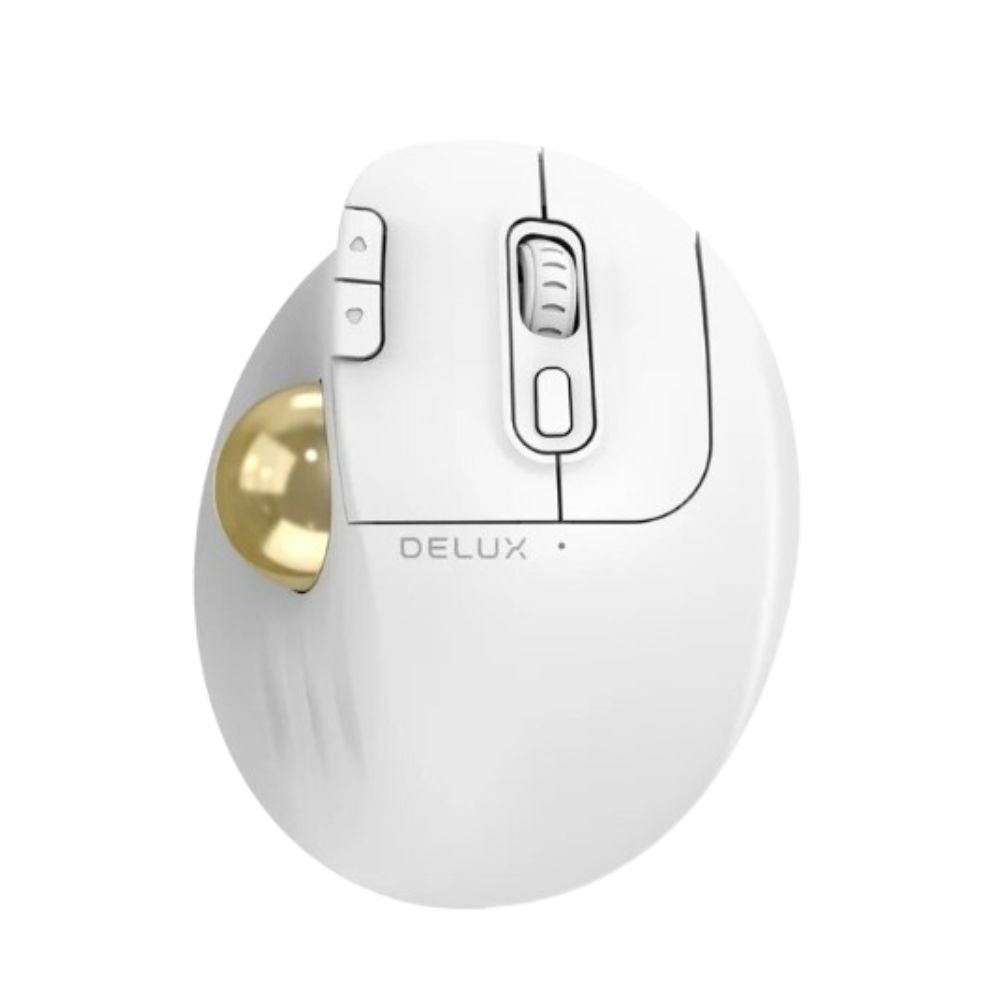 [CLEARANCE] Delux MT1 DB Bluetooth and 2.4 GHz Wireless Ergonomic Trackball Optical Mouse with 2400 DPI Resolution Sensor, Up to 6 Programmable Buttons, and Multi-Device Connectivity for PC and Laptop Computers, Phones, and Tablets - White - Color - White