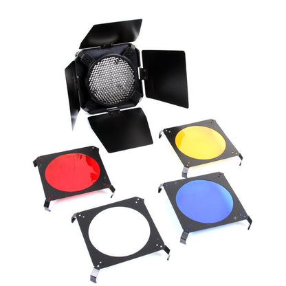 Pxel Universal Mount 3in1 Barn Door Honeycomb Grid & 4 Color Gel Filters Barndoor Kit