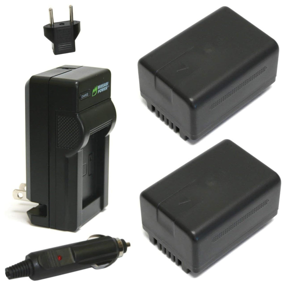 Wasabi Power VW-VBT190 VWVBT190 (2 Pack) 3.6V 1940mAh Camcorder Battery and Charger Kit with Power Indicator, Built-In Fold Out US Plug, Car Charger & Euro Plug Adapter for Panasonic VW-VBK180 and HC-V110 HC-V510 V770K W580K HC-WXF991 Video Camera