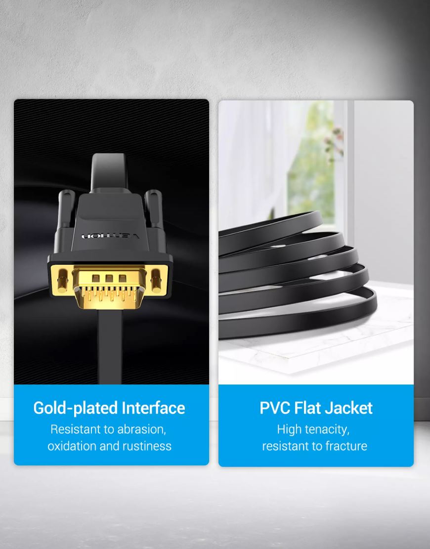 Vention 1080p Flat VGA Gold Plated (3+6) Male to Male 1-Meter Gold Plated (DAI) HD Video Connector for TV,PC, Projector, Monitor
