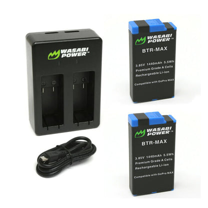 Wasabi Power 3.85V 1440mAh 2 Pack Battery and Dual USB Charger Kit replaces ACBAT-001 ACDBD-001 for GoPro MAX Action Camera | KIT-BB-MAX