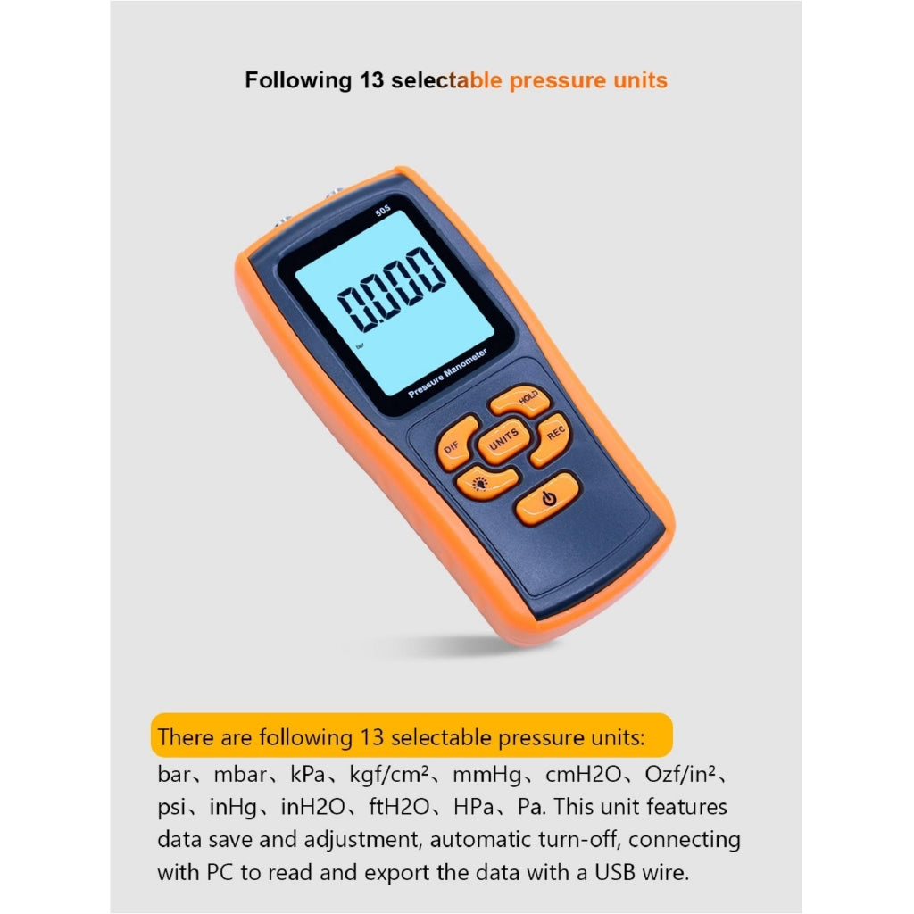 [CLEARANCE] Benetech GM505 Handheld Digital Pressure Meter Manometer +/-2.49KPa Pressure Gauge Tester USB Manometro with 13 unit choice