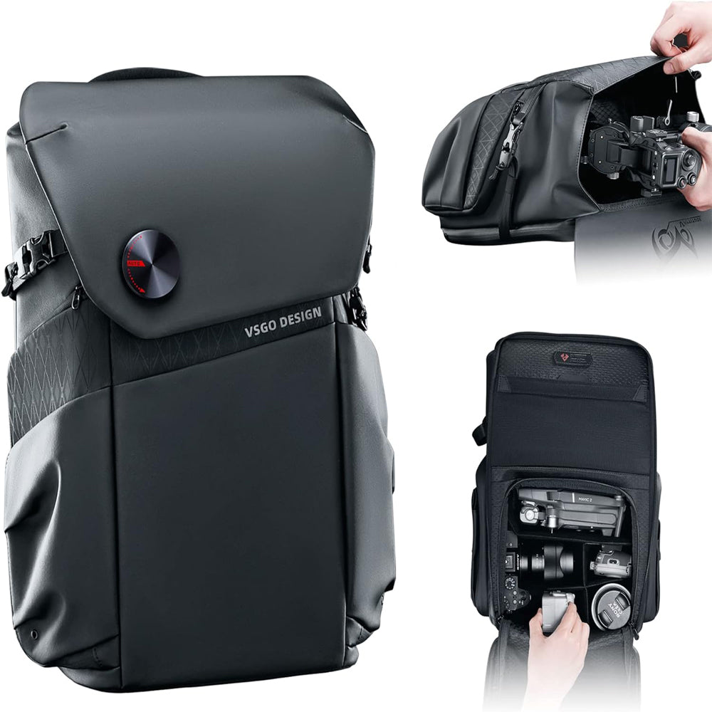 VSGO V-BP01 Black Snipe 20L Camera Backpack with FIDLOCK Magnetic Button, 15-inch Laptop Compartment, Anti-Theft Dock Zipper, Quick Access Side Pockets for Tablet, Drones, Tripod, Lens, DSLR/SLR, Mirrorless Camera & Accessories