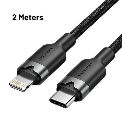 Vention 1M / 2M 27W USB 2.0 Type-C Male to Lightning Male PD Fast Charging Data 3A Cable with High-Speed 480Mbps Transfer Speed, Nylon-Coated for iPhone, iPad, iPod Touch - Black, White, Pink, Blue