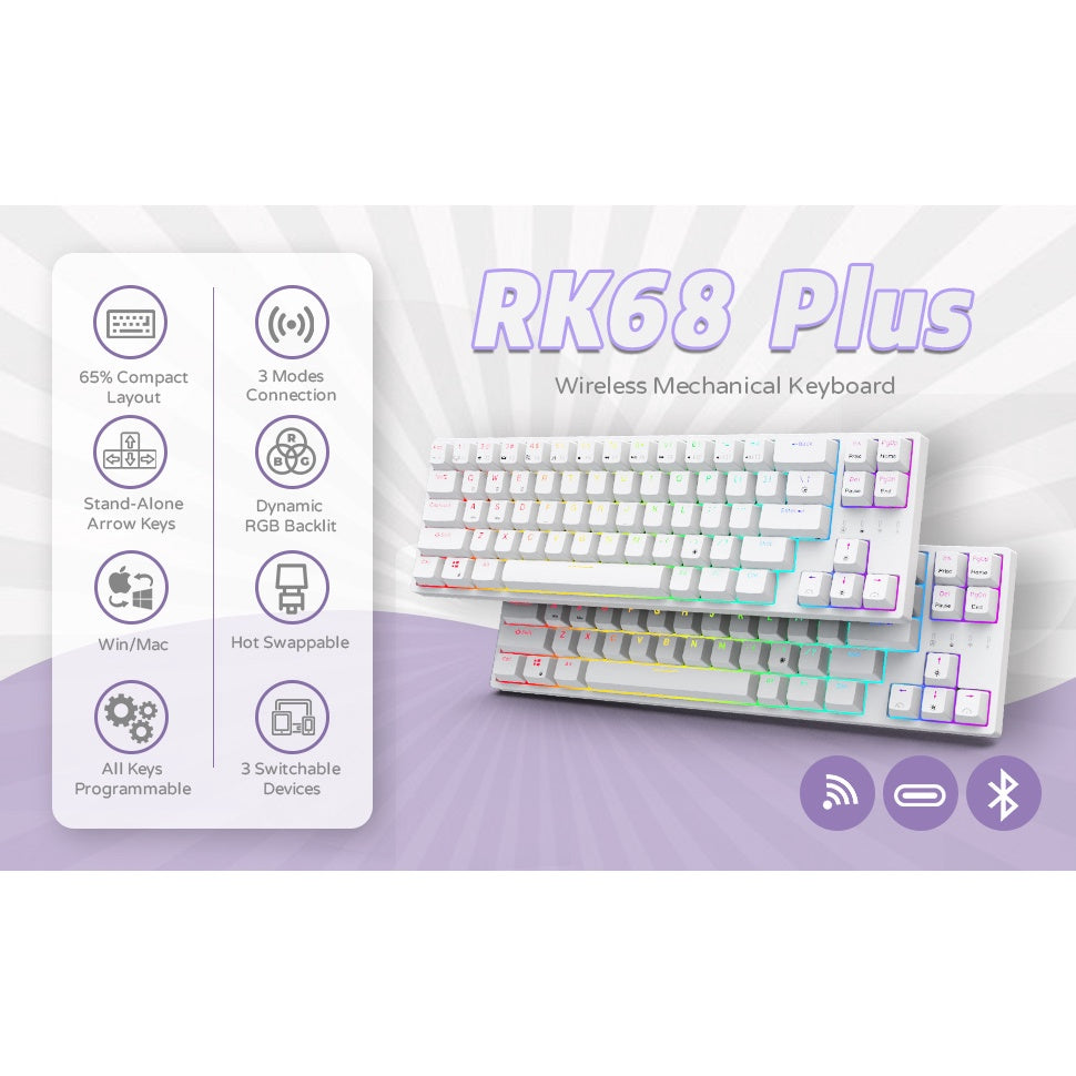 [CLEARANCE] Royal Kludge RK RK68 Plus RK871 RGB 68 Keys TKL Tri-Mode Bluetooth 5.1, Wired and 2.4Ghz Wireless Mechanical Gaming Keyboard with Hot Swappable Switches (Black, White) (Available in Blue, Red, Brown Switches)