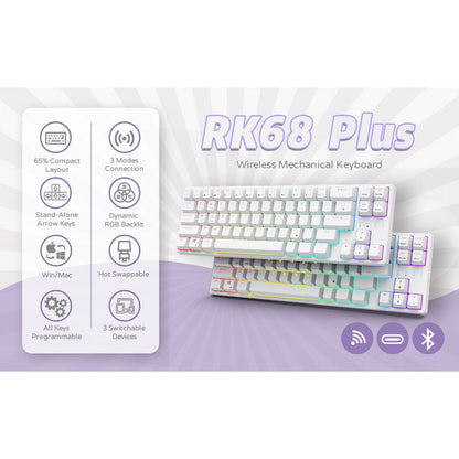 [CLEARANCE] Royal Kludge RK RK68 Plus RK871 RGB 68 Keys TKL Tri-Mode Bluetooth 5.1, Wired and 2.4Ghz Wireless Mechanical Gaming Keyboard with Hot Swappable Switches (Black, White) (Available in Blue, Red, Brown Switches)