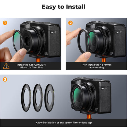 K&F Concept 42 to 49mm no-X Filter Adapter Ring for Ricoh GR IIIx III II Camera Series with Lens Cap Aluminum Alloy