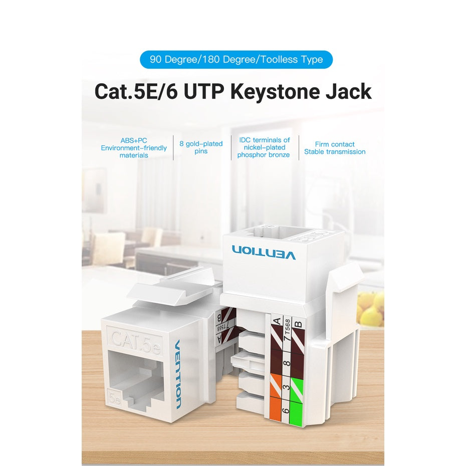 Vention UTP Keystone Jack Ethernet LAN Cable Port for Internal Wall Mounted Network Cabling (CAT5e, CAT6) (90 Degrees, Toolless) |