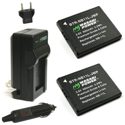 Wasabi Power (2-Pack) Canon NB-11L NB-11LH NB11L NB11LH Battery and Charger with Fold Out US Plug, Car Charger and Euro Plug Adapter for Select Canon PowerShot Camera SX400 IS SX410 IS SX420 IS ELPH 350 HS ELPH 360 HS A3500 IS A4000 IS | JG Superstore