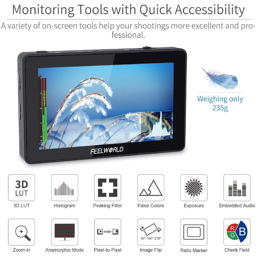 FEELWORLD F6 Plus 5.5 inch DSLR Camera Field Touch Screen Monitor with 3D Lut Small Full HD 1920x1080 IPS Video Peaking Focus Assist 4K HDMI 8.4V DC Input Output Include Tilt Arm